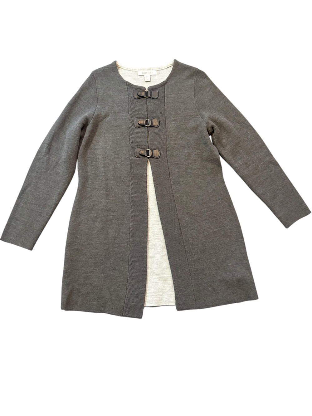 ELLEN TRACY brown wool blend cardigan with faux leather snap buckles size Large